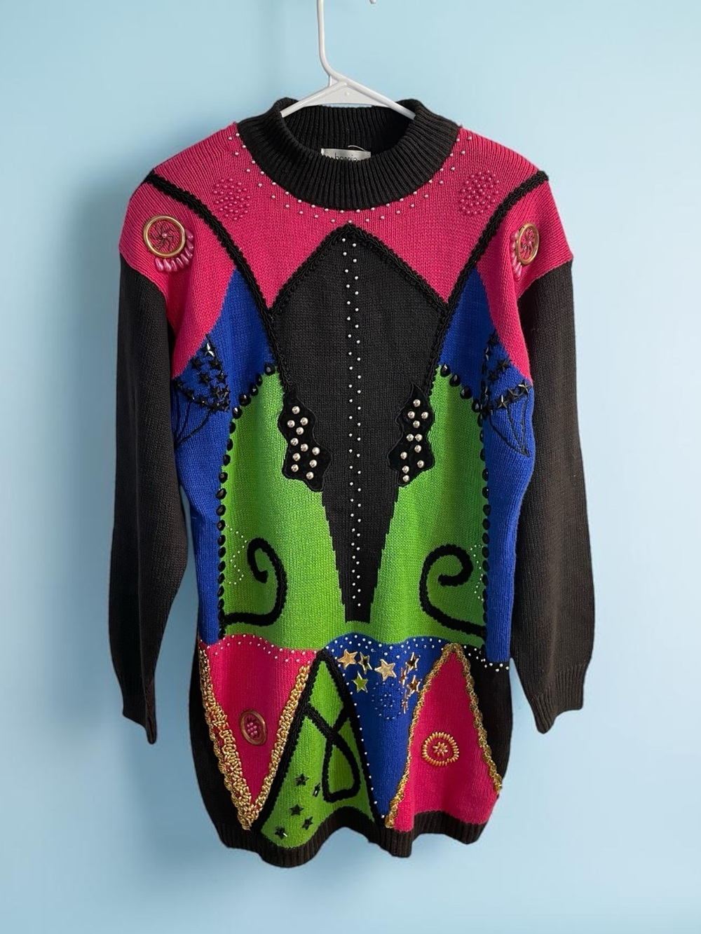 Vintage Bonnie & Bill by Holly Art Sweater Dress M 1990 Beaded Maximalist Ramie